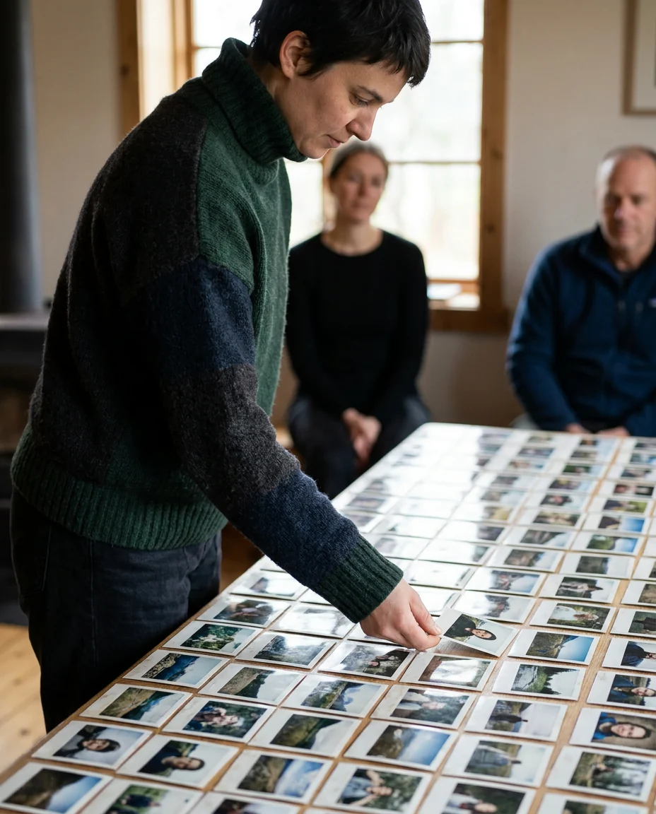 Printed square photos laid out in a grid on a wooden table