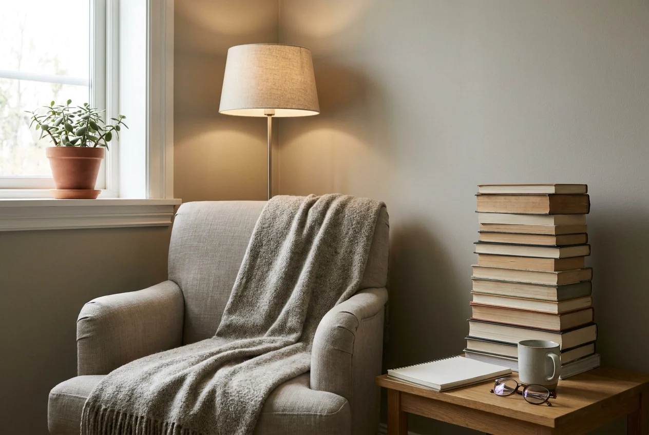 An armchair, a lamp and a stack of books in a reading corner