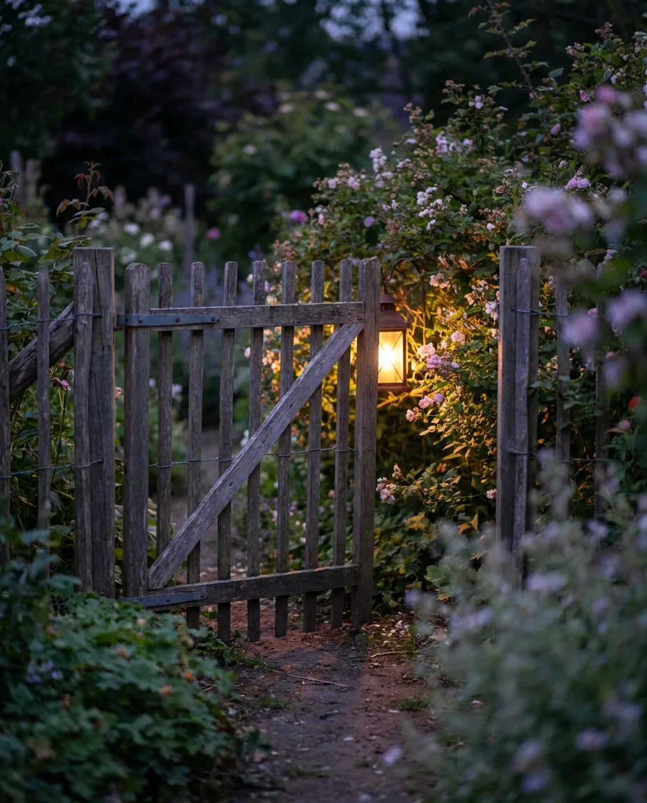 A garden gate left slightly open at dusk