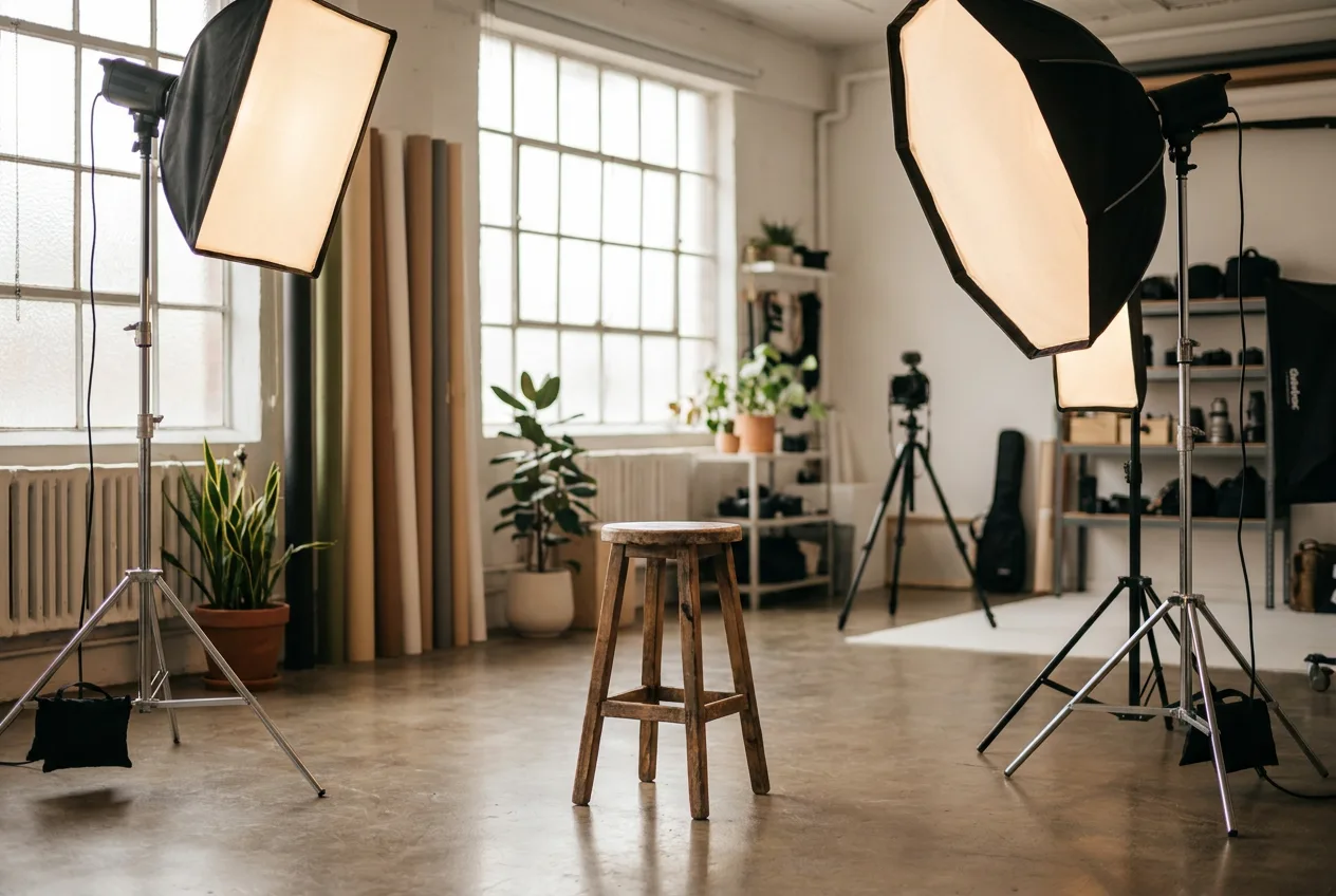 A photo studio with softbox lights and a stool