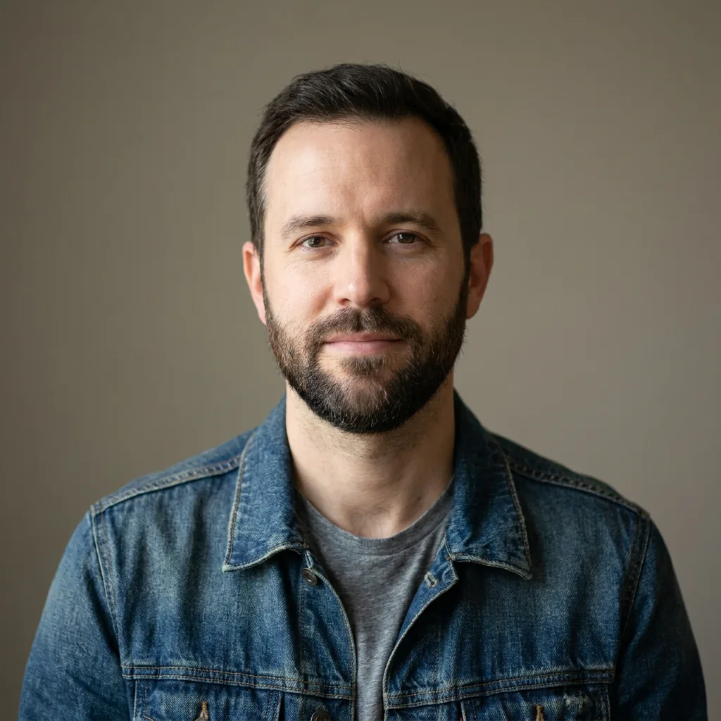 A man with a short beard in a denim jacket