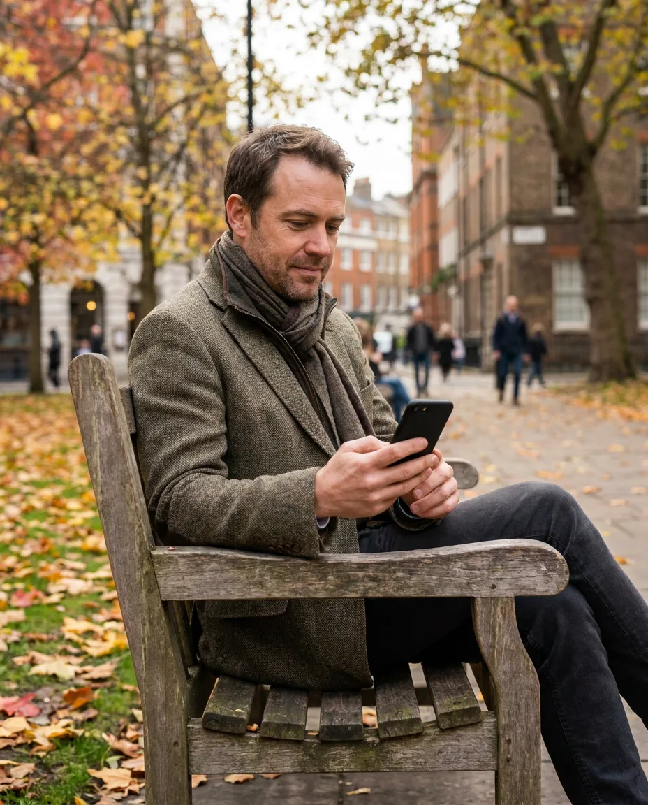 A man on a city bench with his phone in autumn