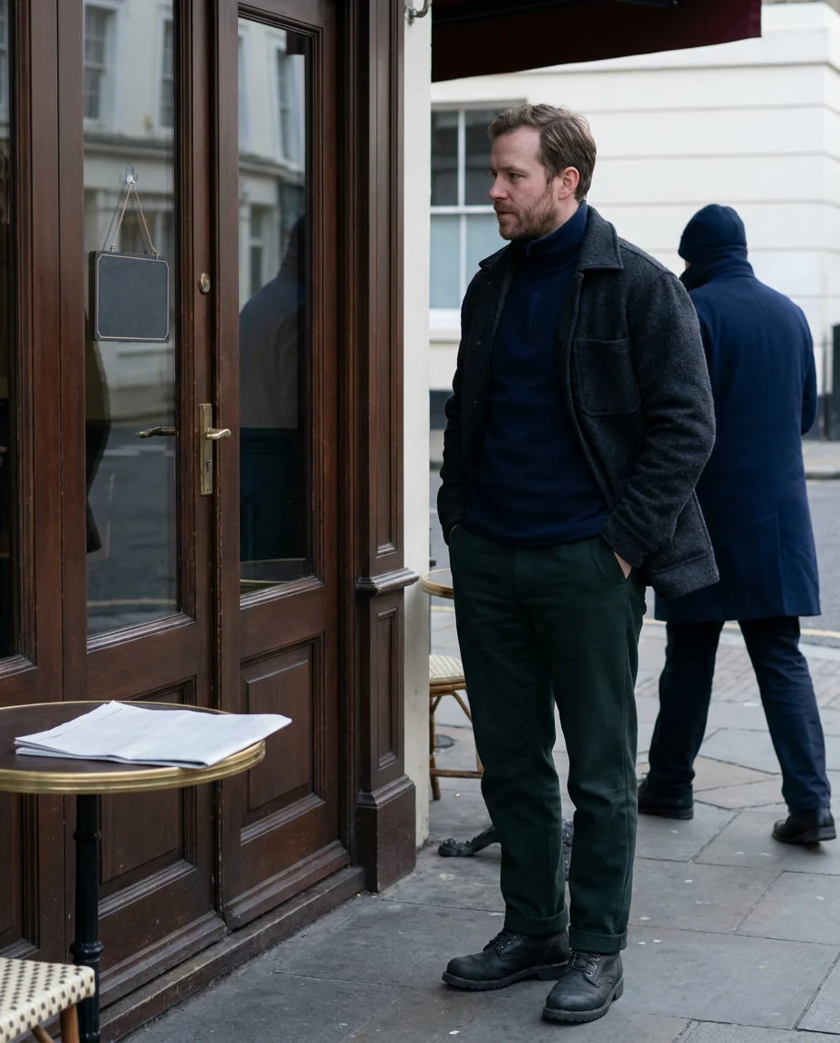 A man waiting at a closed café door in the morning