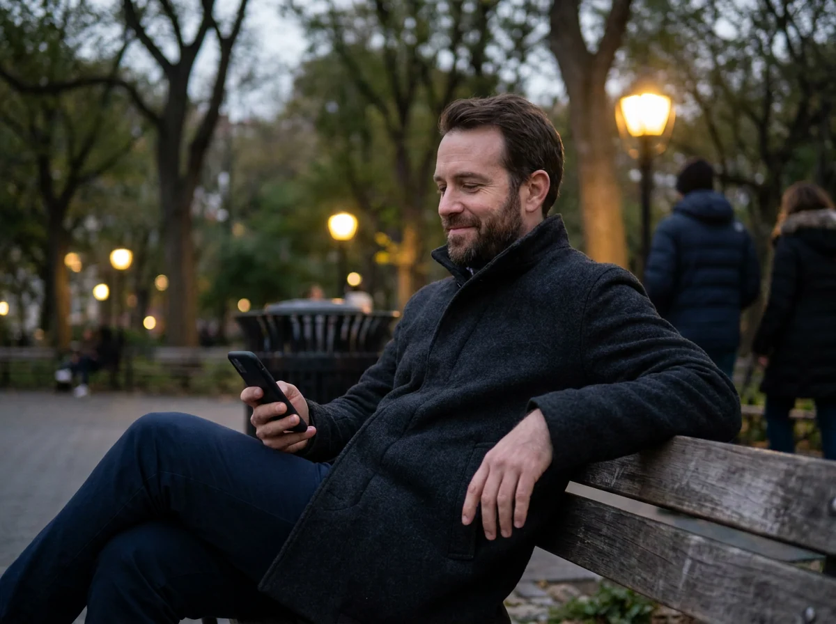 A man on a park bench at dusk looking at his phone