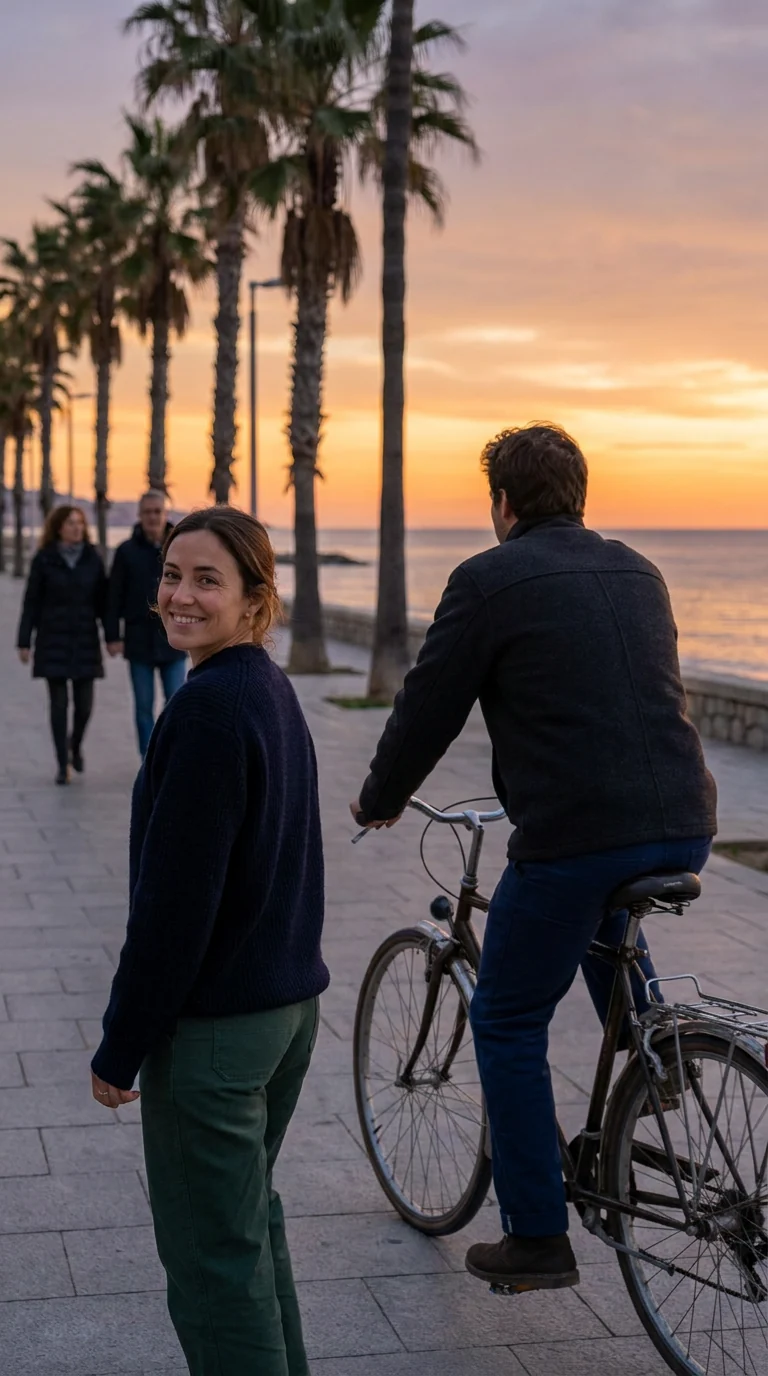 Example story: a seaside promenade at sunset with palm trees