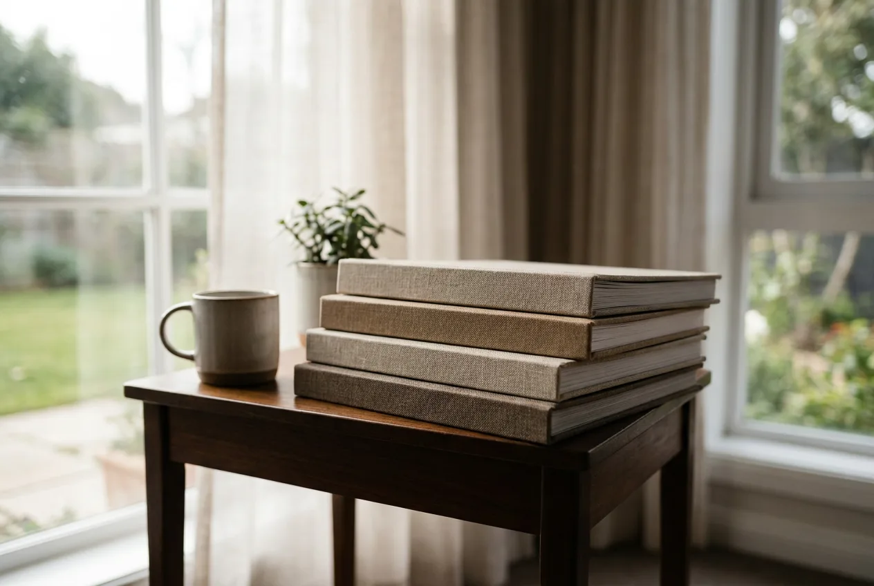Stacked photo albums on a side table