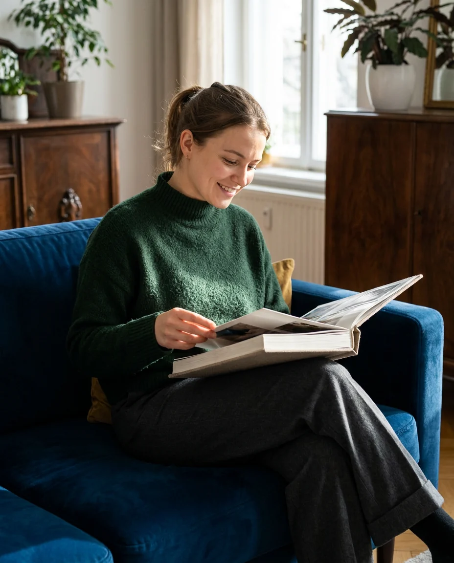 A woman flipping through a photo album on a sofa