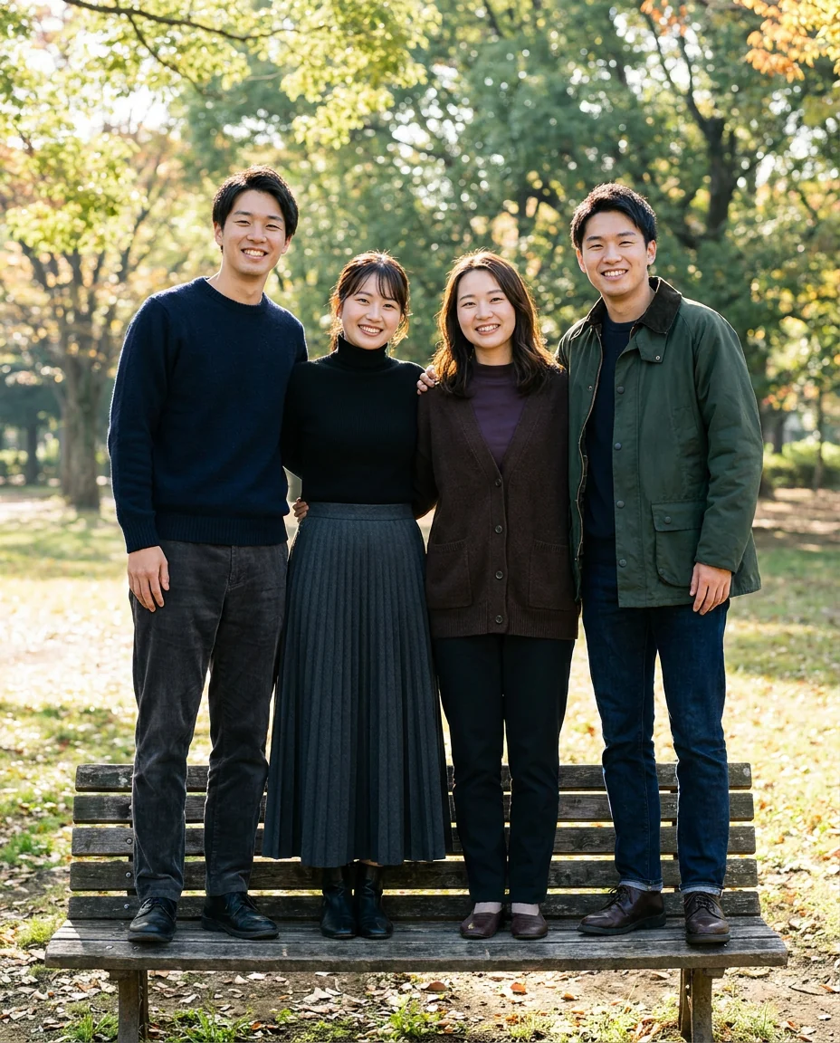 Friends posing together for a group photo in a park