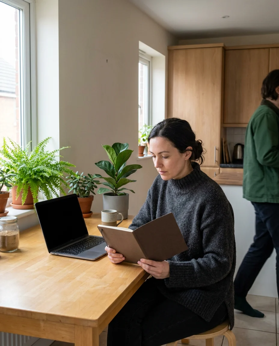 A woman writing in a notebook at a kitchen table beside a laptop