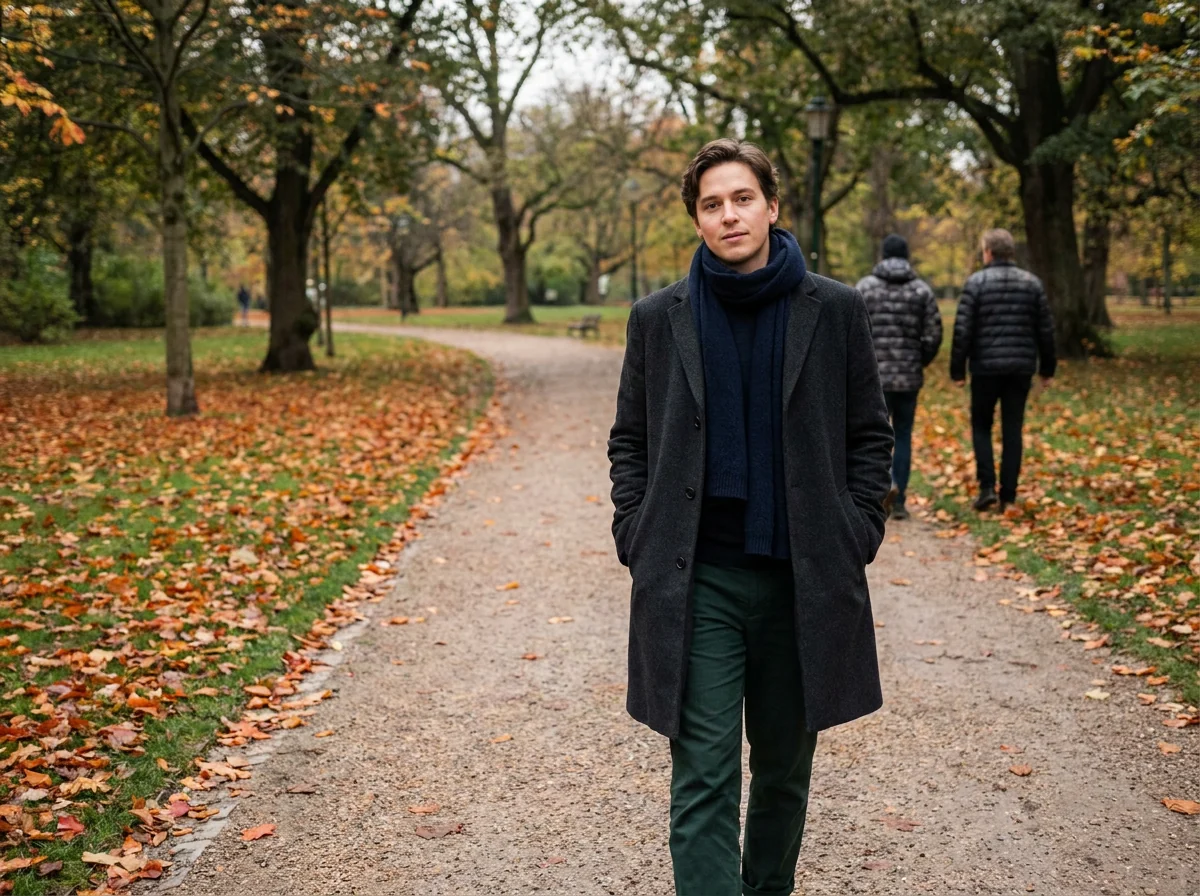 A person walking away along a park path in autumn