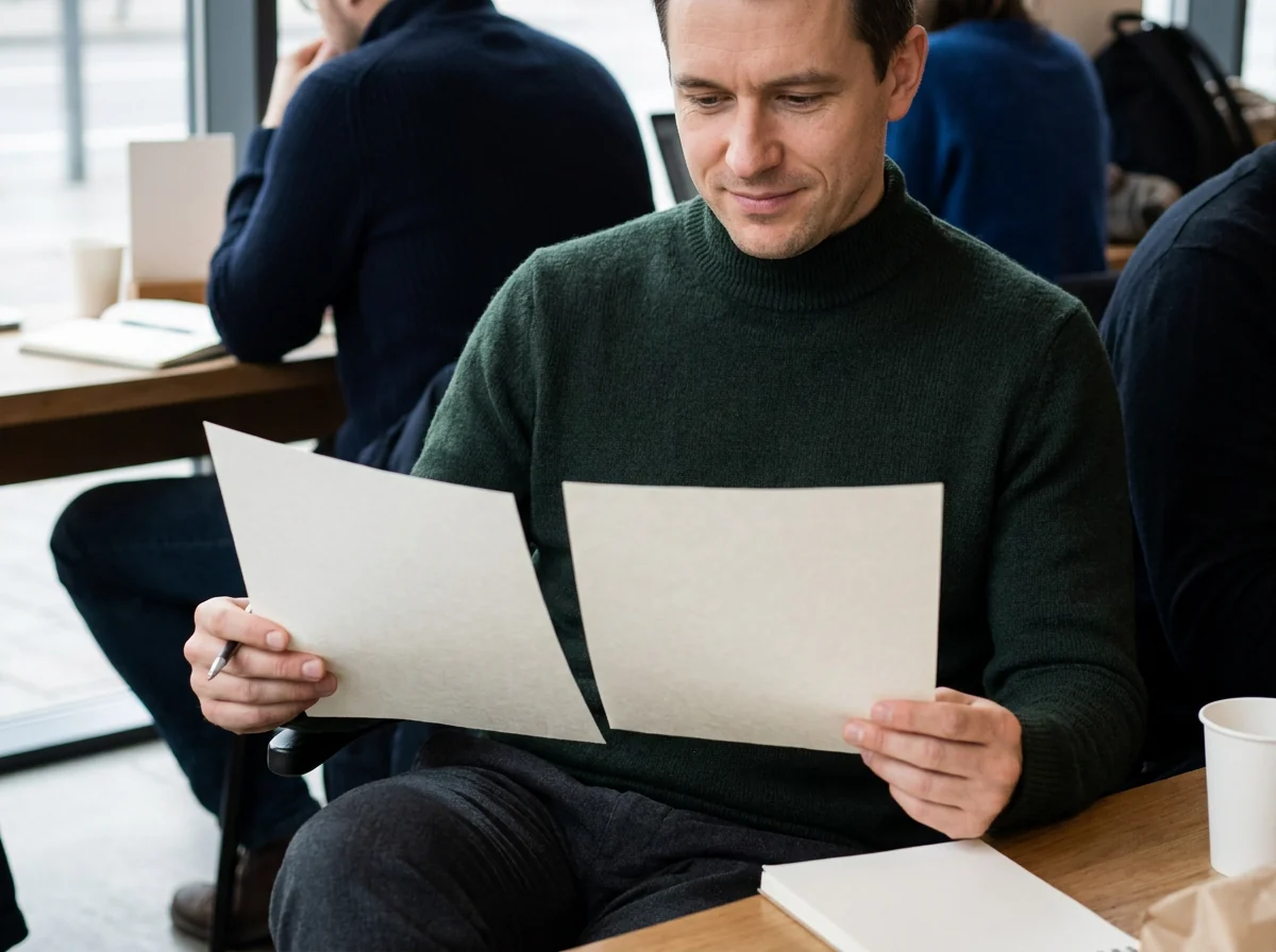 A man comparing two printed lists at a café table
