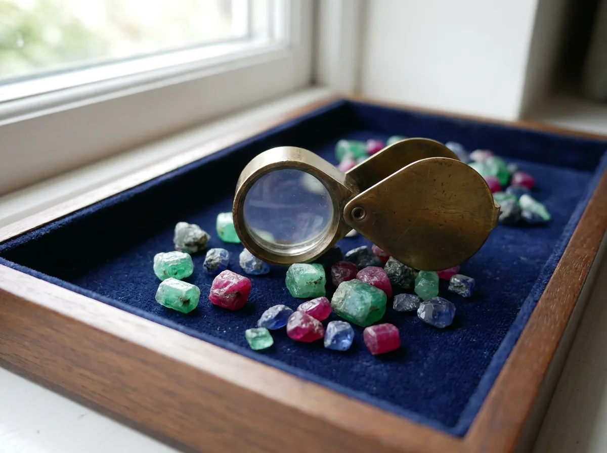 A jeweller's loupe over gemstones on a velvet tray