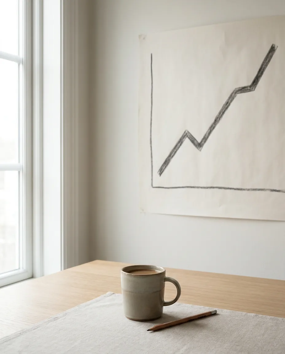A hand-drawn rising line on a wall chart above a desk
