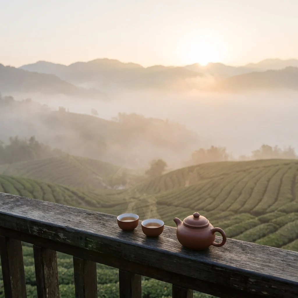 貼文範例:晨霧中的山坡茶園