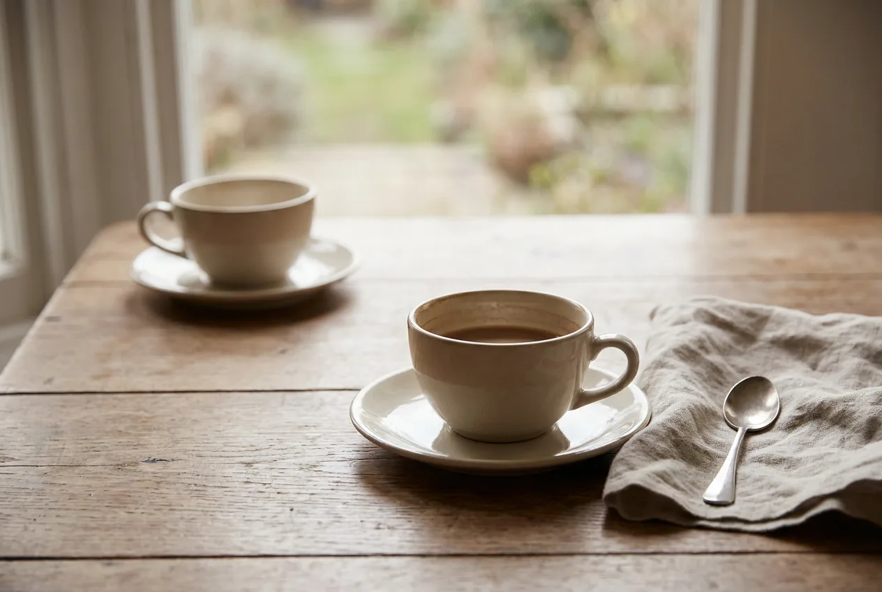 Two cups on a table, one pushed away