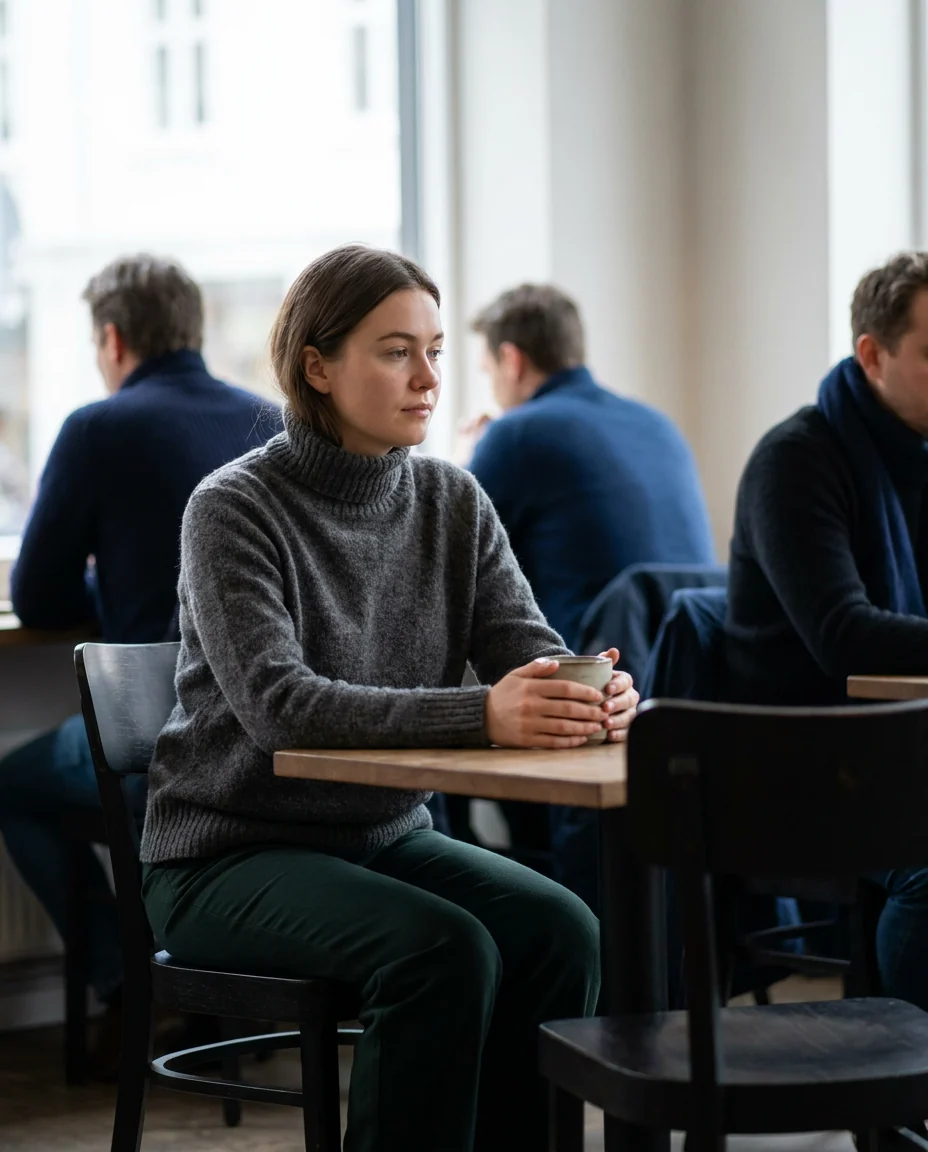 A woman looking at an empty chair across a café table