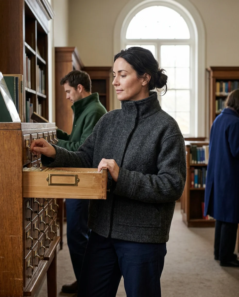 A woman looking through a card index drawer in a library