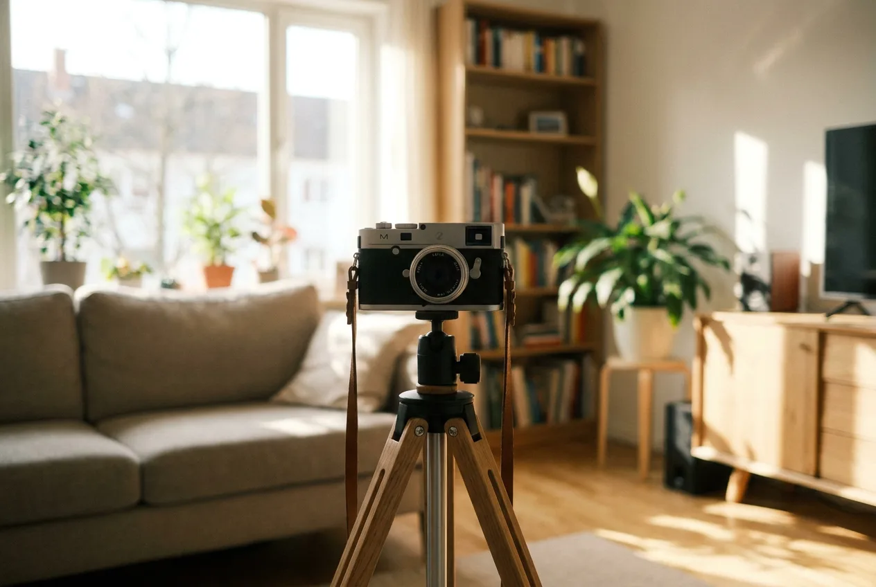 A small camera on a tripod in a living room
