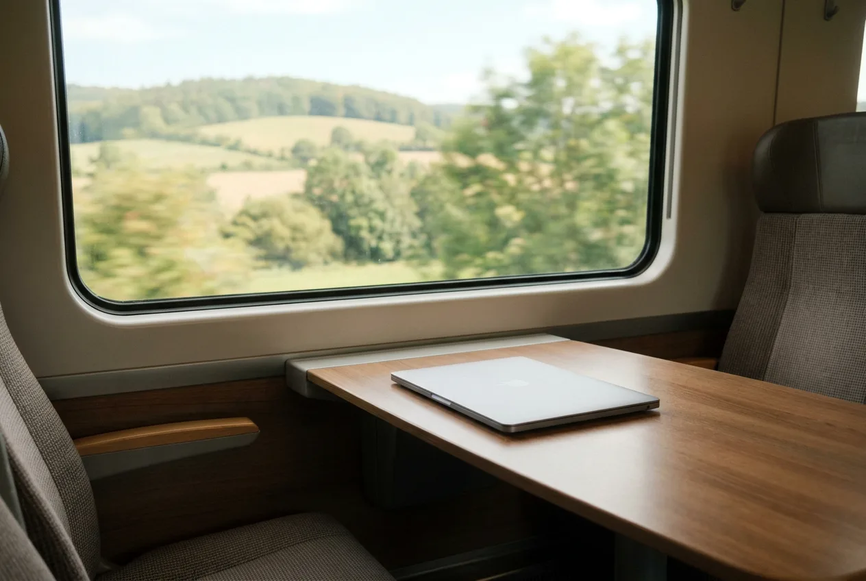 A laptop on a train table by the window
