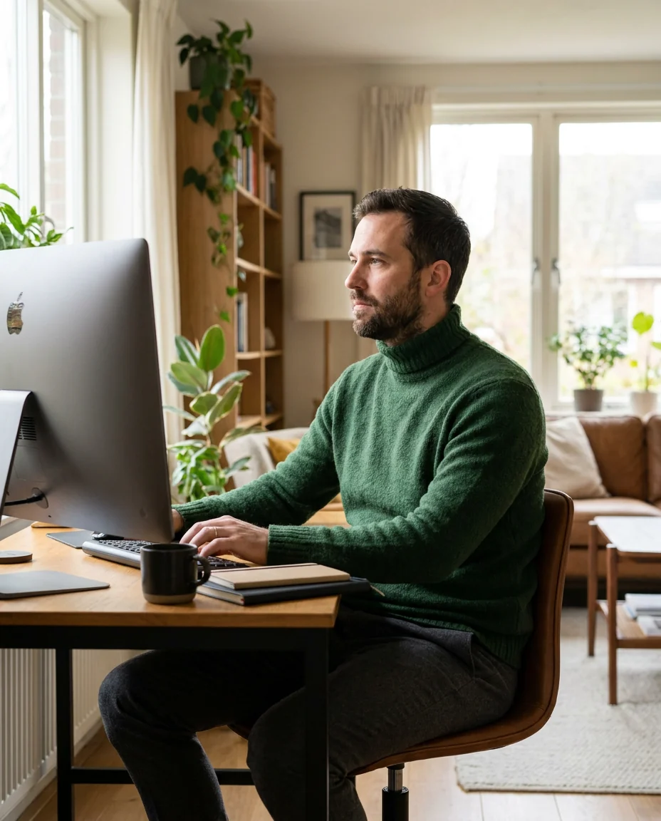 A man working at a desktop computer in a bright home office, screen turned away
