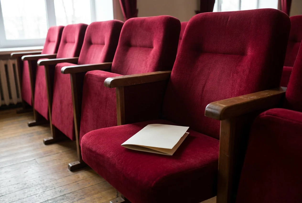 An empty theatre row with a programme on one seat