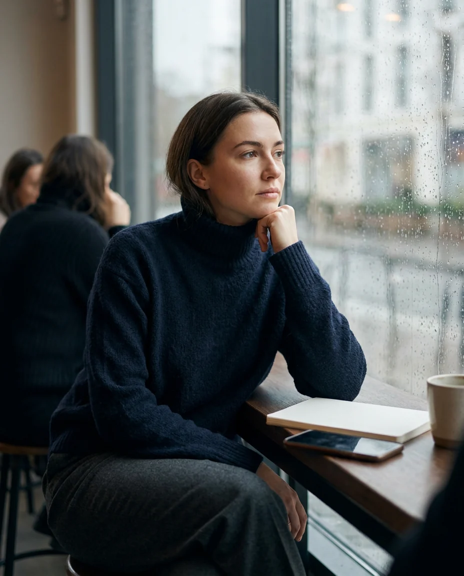 A woman at a rainy café window with her phone face down